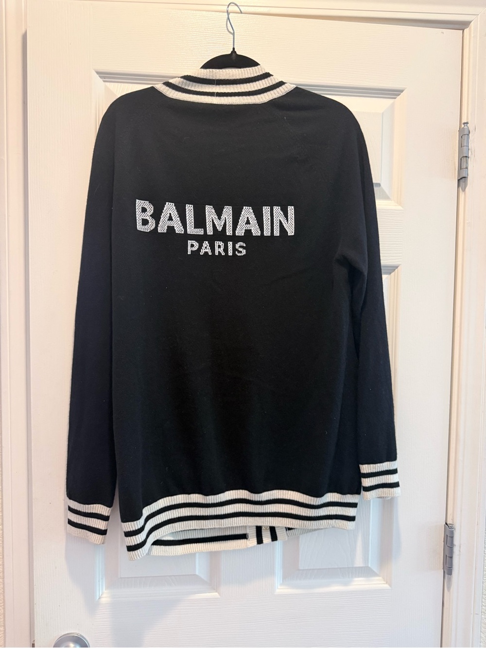 Balmain Black Cardigan with White Striped Trim and Gold Buttons - Picture 3 of 4